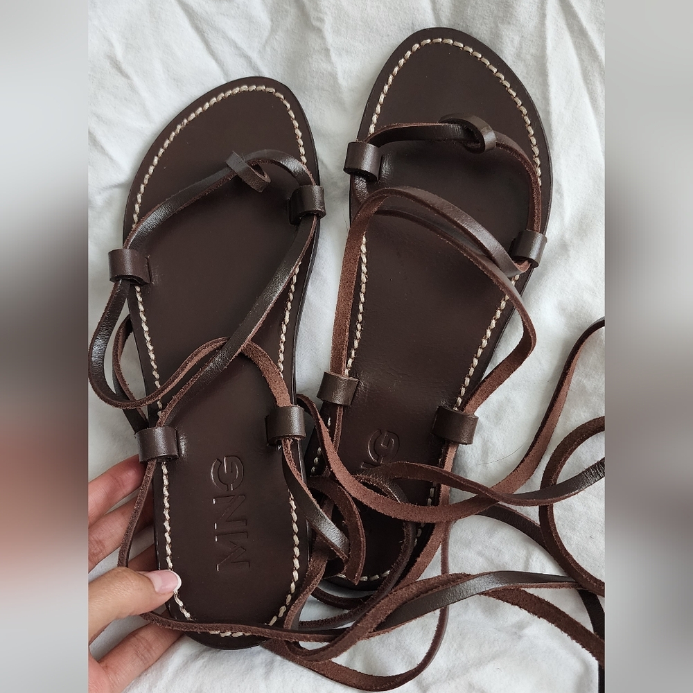 Mango brown flat leather sandals